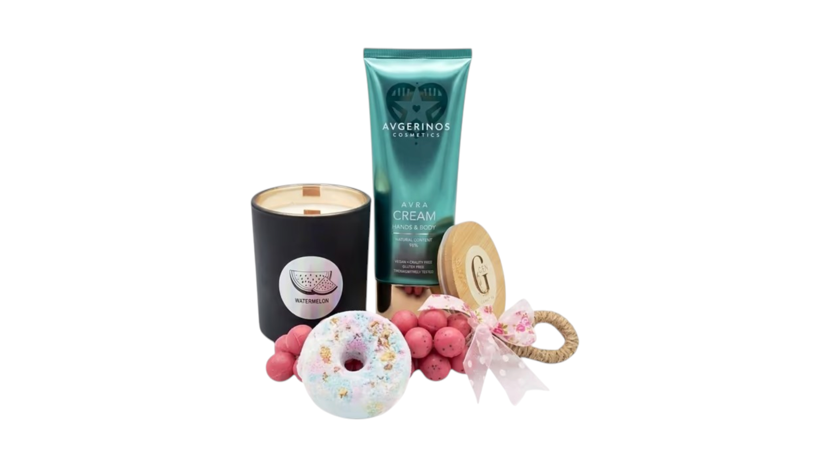 Gift set με αρωματικο κερι σογιας και προϊόντα περιποίησης από avgerinos cosmetics. Gift set with gzen products like candles , bath bombs , wax melts and products of avgerinos cosmetics.