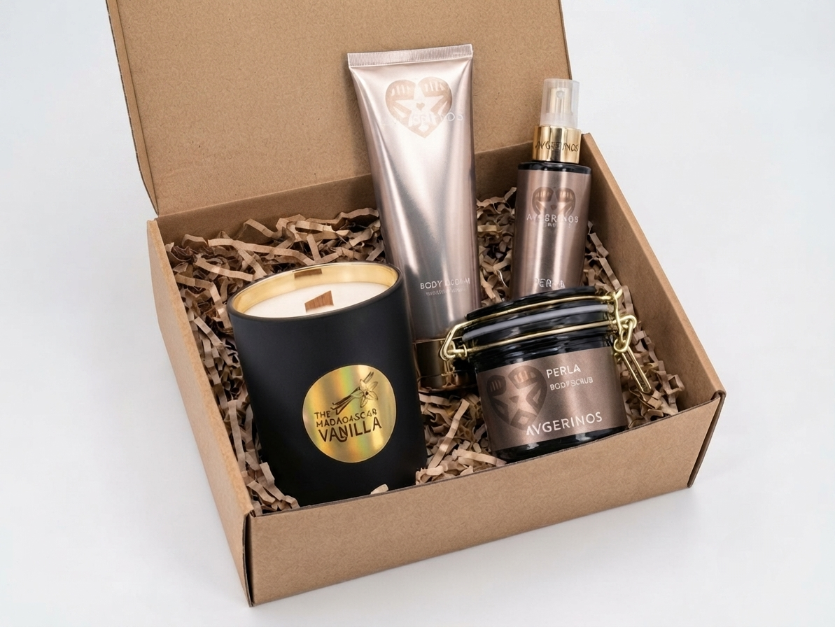 a gift boc includiing gift set with scented soy candle with wood wick and avgerinos cosmetics products