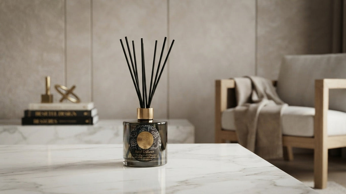 “Reed diffuser in a smoky glass bottle with a gold collar and black reeds, displayed on a marble table in a neutral living room.” Limassol, Cyprus