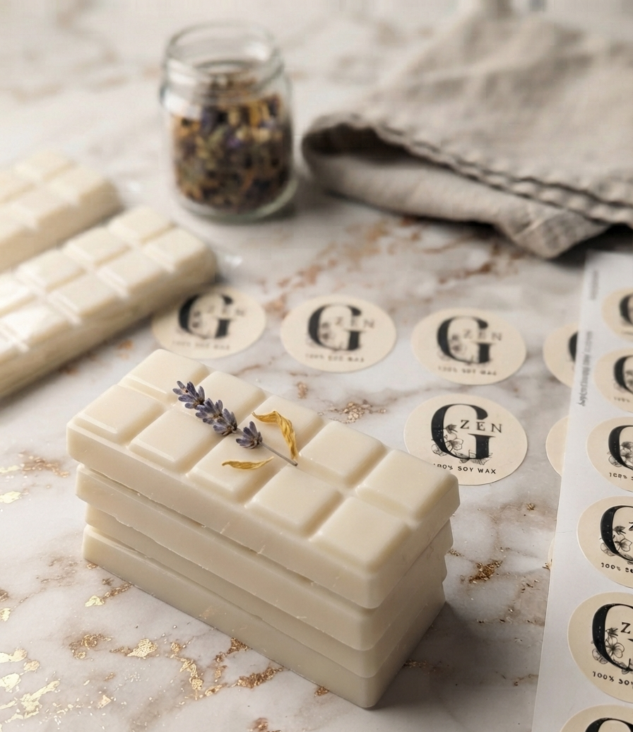 A chocolate bar of soy wax melt bar on a marble surface, decorated with a dried lavender sprig and gold leaf. Surrounding the soaps are branded round stickers, a jar of dried botanicals, and a folded linen cloth.
