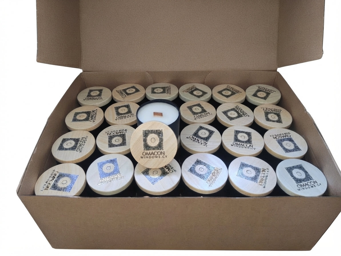 An open brown cardboard box containing multiple small round candles with light wood lids. Several lids show printed labels, including one clearly visible label that reads . μπομπονιερες βάπτισης, γάμου, εταιρικά δώρα 