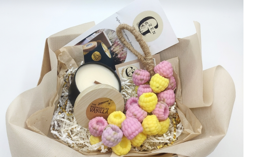 Luxury gift box featuring a 225g soy candle with wooden wick and a colorful hanging grape soap on a rope by Gzen Candles.