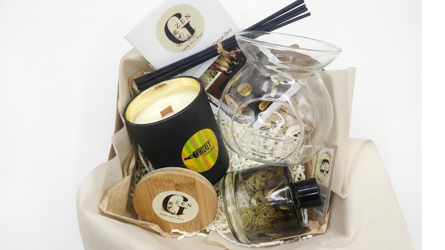 Luxury fragrance gift set with a large 400g black soy candle, a 13x11cm glass wax melts burner, and a 200ml glass reed diffuser by Gzen Candles.