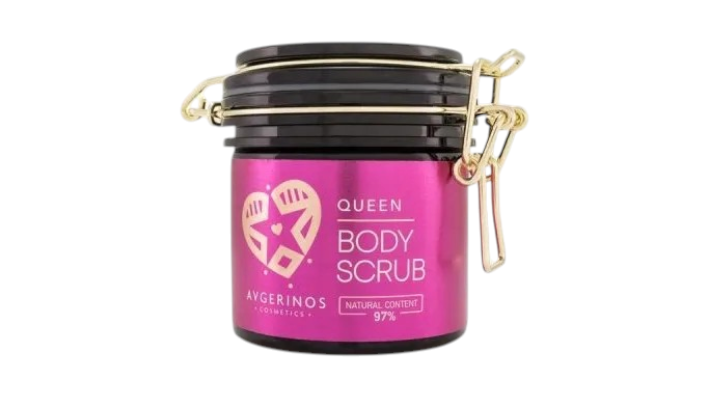A jar of Averinos Queen Body Scrub with a metallic pink label, black lid, and gold-toned clamp closure, shown on a plain white background. Online shopping Avgerinos Cosmetics from gzencandles.com base on Limassol,Cyprus.