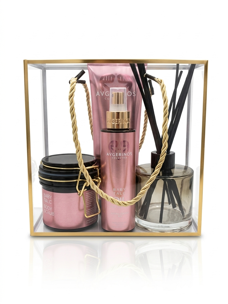 A luxury gift set in a clear acrylic box with a gold frame, containing a pink Avgerinos Cosmetics ,baby talc body & hand cream, baby talc scrub jar,body oil baby talc and a reed diffuser by Gzen candles with black reeds and a gold rope handle.Perfect for gift for her ! Wordwild delivery and delivery to Limassol and Cyprus by box now , ACS and akis express. 