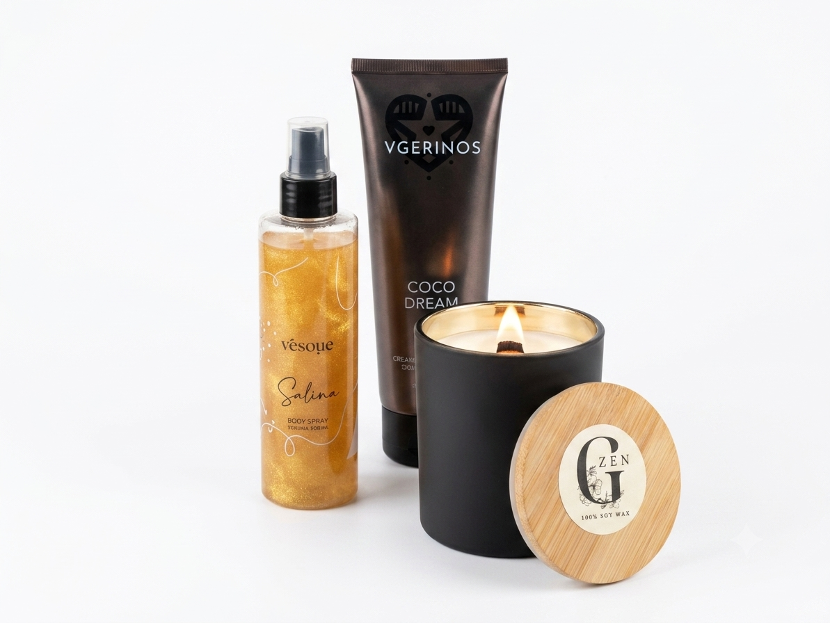 A curated gift set of four self-care and wellness products on a seamless white background: a bottle of easome body mist coconut with glitters, a tube of avgerinos Coco Dream body & hand cream lotion, a lit black jar soy candle,with wood wick and a round wooden lid with a gzen logo. Base on Limassol find perfect gift for her. 