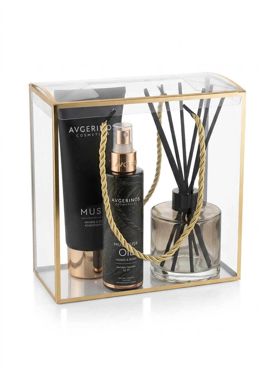A clear acrylic and gold-framed gift box containing My Musk Avgerinos Cosmetics and Gzen reed diffuser white musk scent . Best gft for fer base in Limassol, Cyprus and wordwild delivery. 