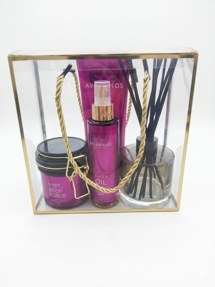A clear acrylic gift box with a gold metallic frame containing a set of Avgerinoscosmetics self-care items, queen set ,ncluding a queen body scrub jar, queen body oil spray bottle, and a reed diffuser by Gzen candles ,with a gold rope handle. Perfect for gift for her , gift for woman. This is gift is based in Limassol by Gzen candles gift box collection . Shipping to Cyprus , Greece and wordwild delivery . 