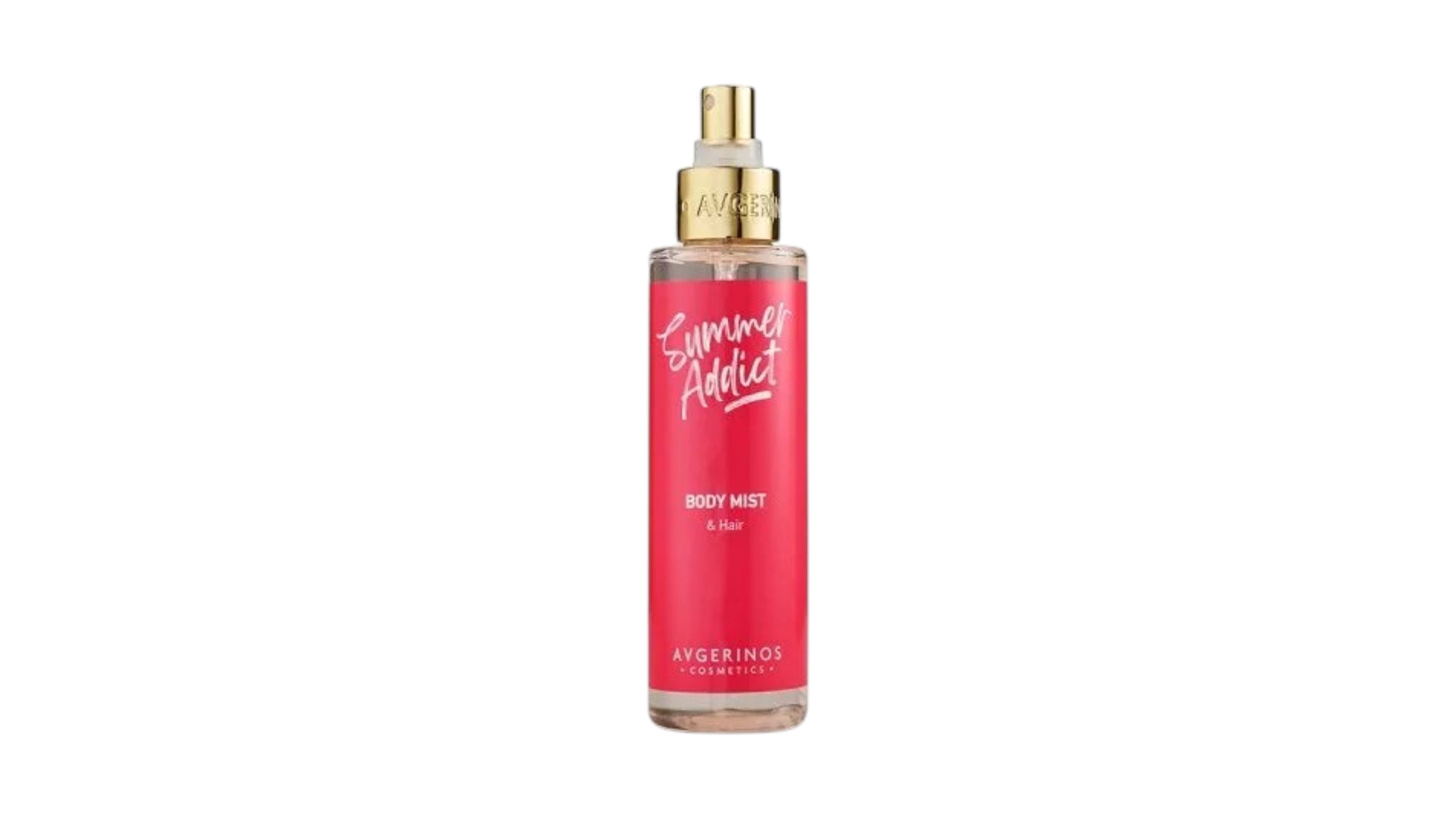 A bottle of Avgerindos Summer Addict Body Mist in a vibrant pink bottle with a gold spray nozzle, shown against a plain white background.