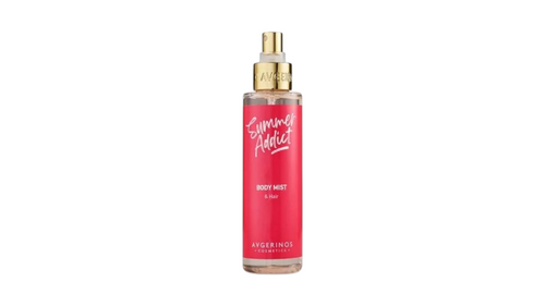 A bottle of Avgerindos Summer Addict Body Mist in a vibrant pink bottle with a gold spray nozzle, shown against a plain white background.