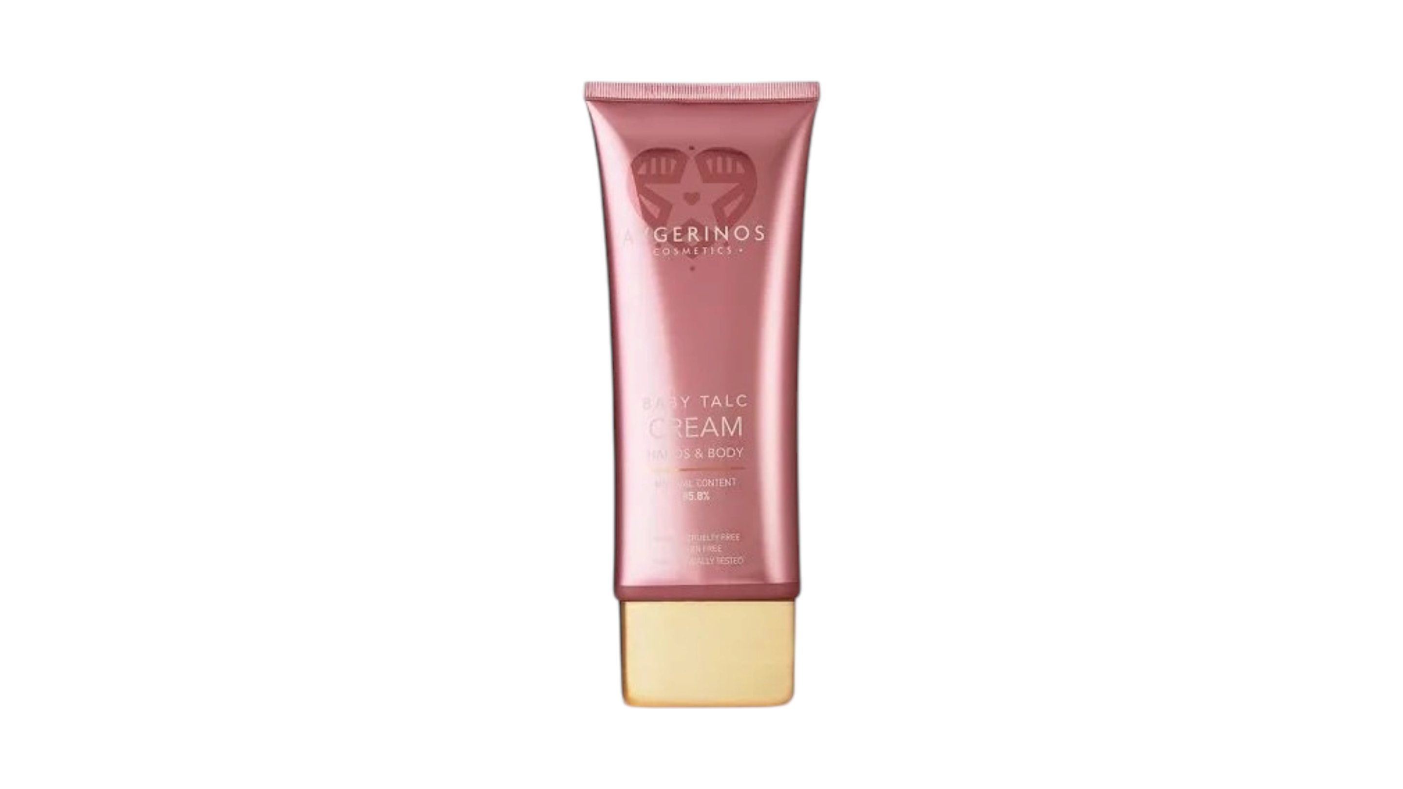 A pink squeeze tube of baby talk of Avgerinos Cosmetics.A body cream with a gold cap, centered on a plain white background. Perfect for a gift.