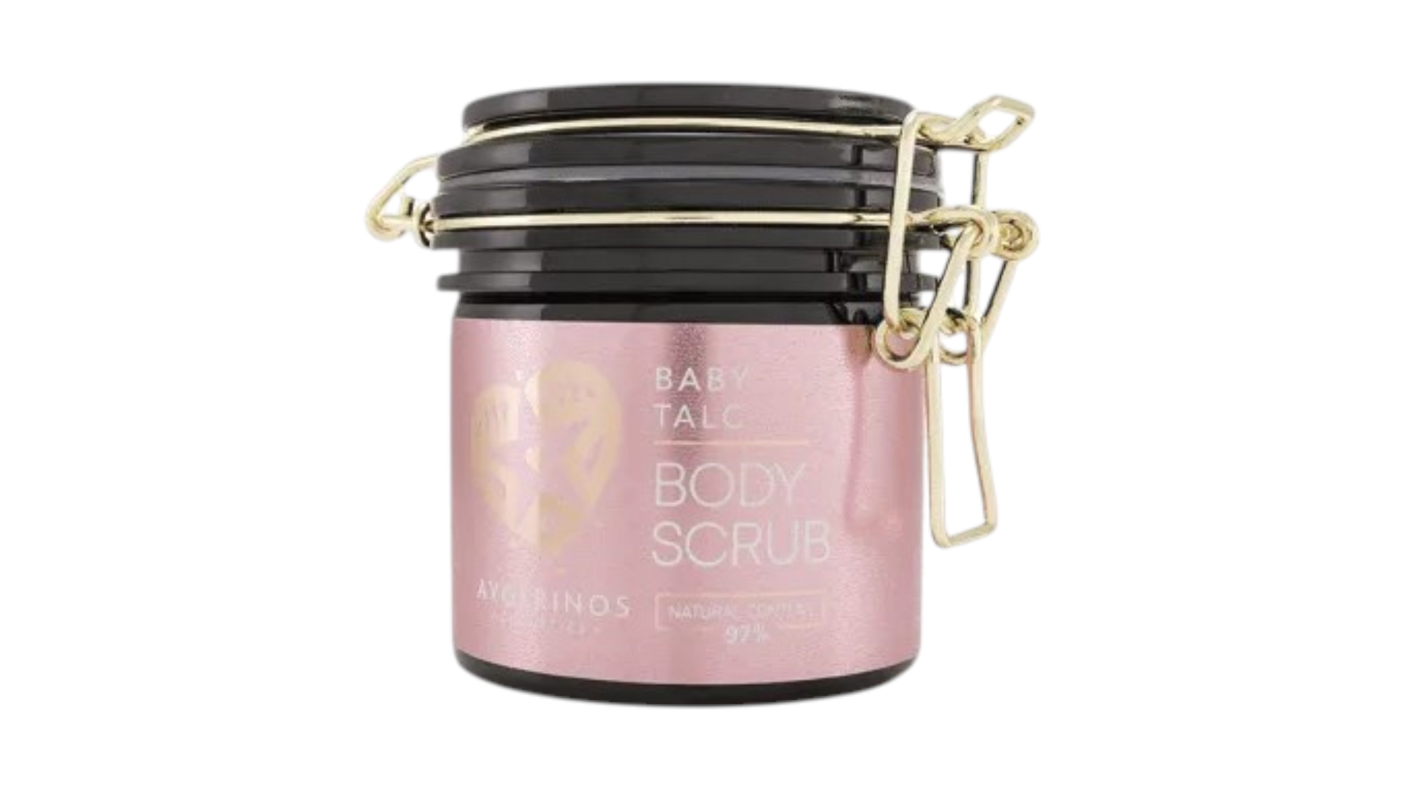 A jar of Baby Talc Body Scrub by Avgerinos, featuring a metallic pink label with a gold face mask graphic, a black lid, and a gold-tone clamp closure, set against a plain white background. Buy online from Limassol Cyprus from our store gzencandles