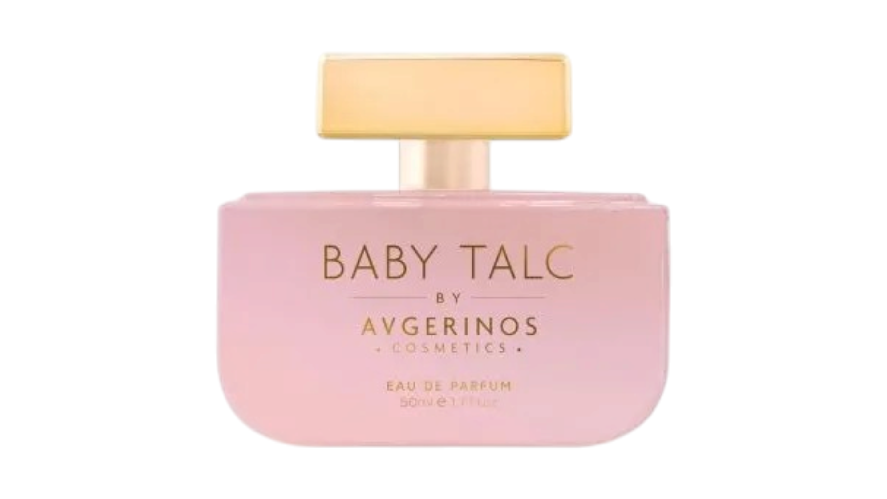 Baby Talc Eau de Parfum by Avgerinos Cosmetics in a soft pink bottle with a gold cap, shown against a plain white background.