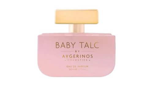 Baby Talc Eau de Parfum by Avgerinos Cosmetics in a soft pink bottle with a gold cap, shown against a plain white background.