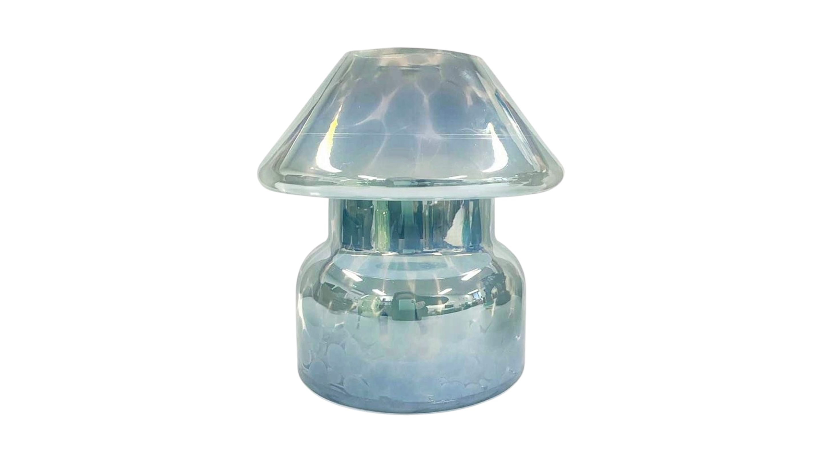 A mushroom-shaped clear glass jar with a textured, embossed pattern and a subtle iridescent blue tint, set against a plain white background.