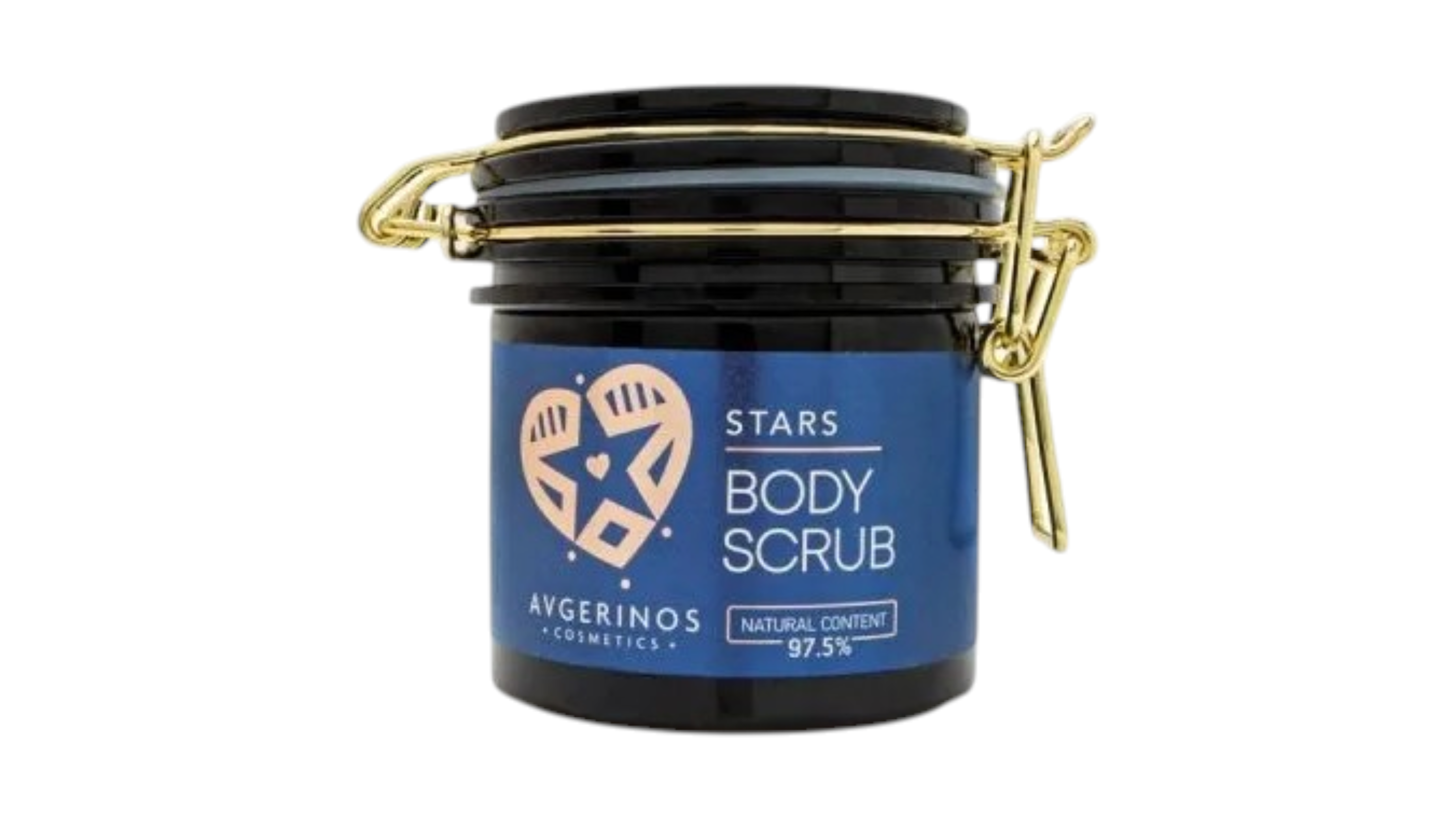 A jar of Avgerinos Cosmetics Stars Body Scrub, featuring a black container with a blue label and gold metal clasp lid, set against a plain white background.