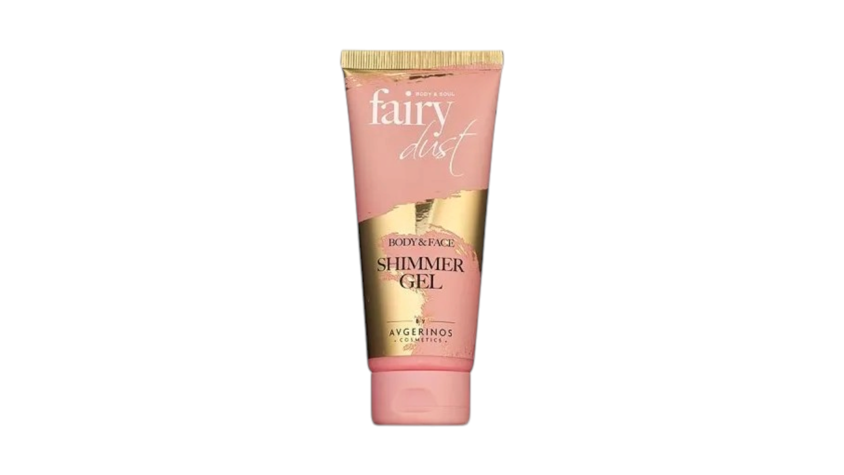 A pink squeeze tube of Avengeros Fairy Dust Shimmer Gel with gold accents and text, centered on a plain white background.