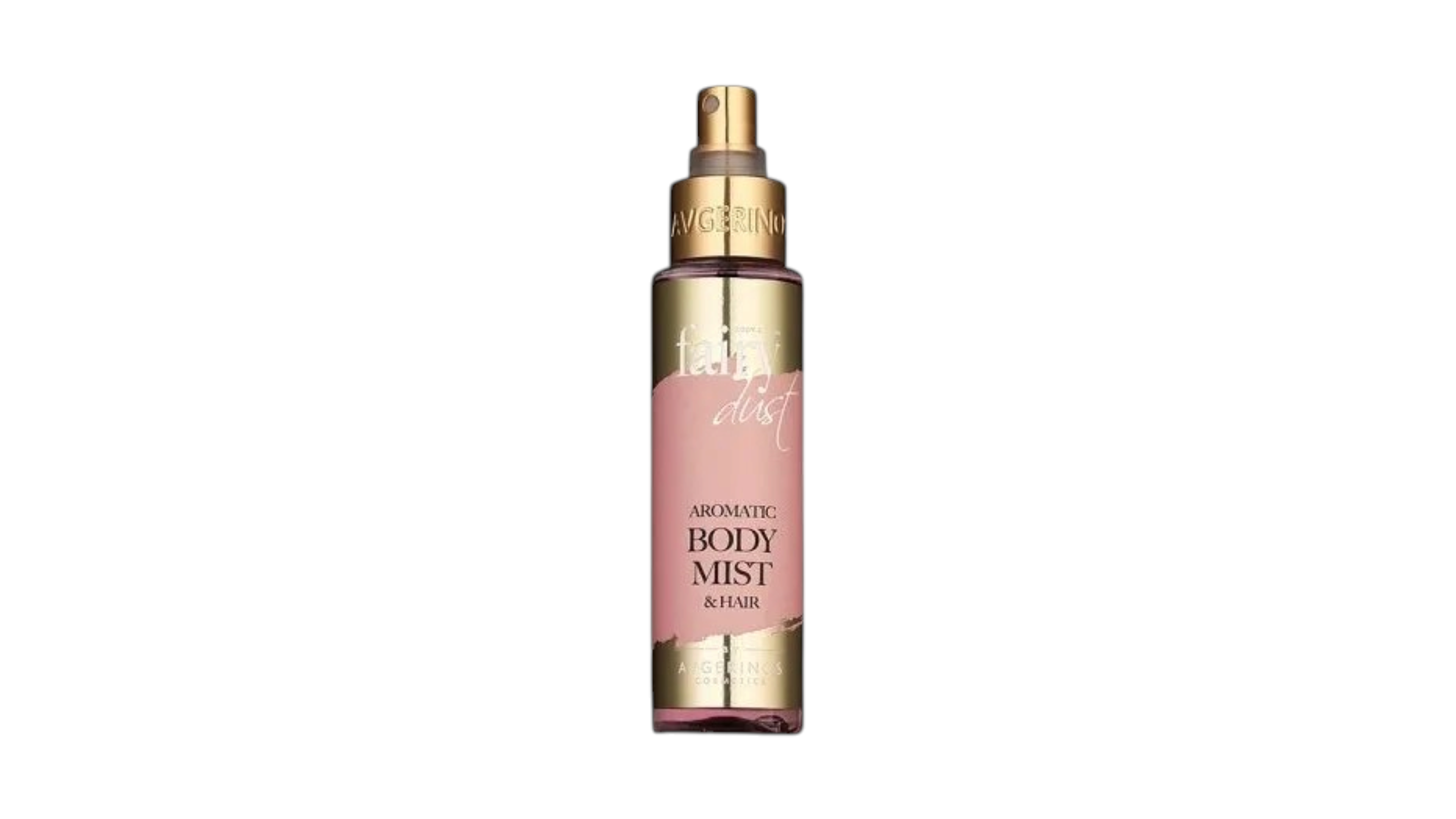 A single bottle of Avgerinos body Mist on a plain white background. The bottle is a frosted glass with a metallic gold spray top and base, featuring a pink label with gold lettering. This is from fairy dust collection by Avgerinos Cosmetics. Spray for body hair and face smelling wonderful for summer 