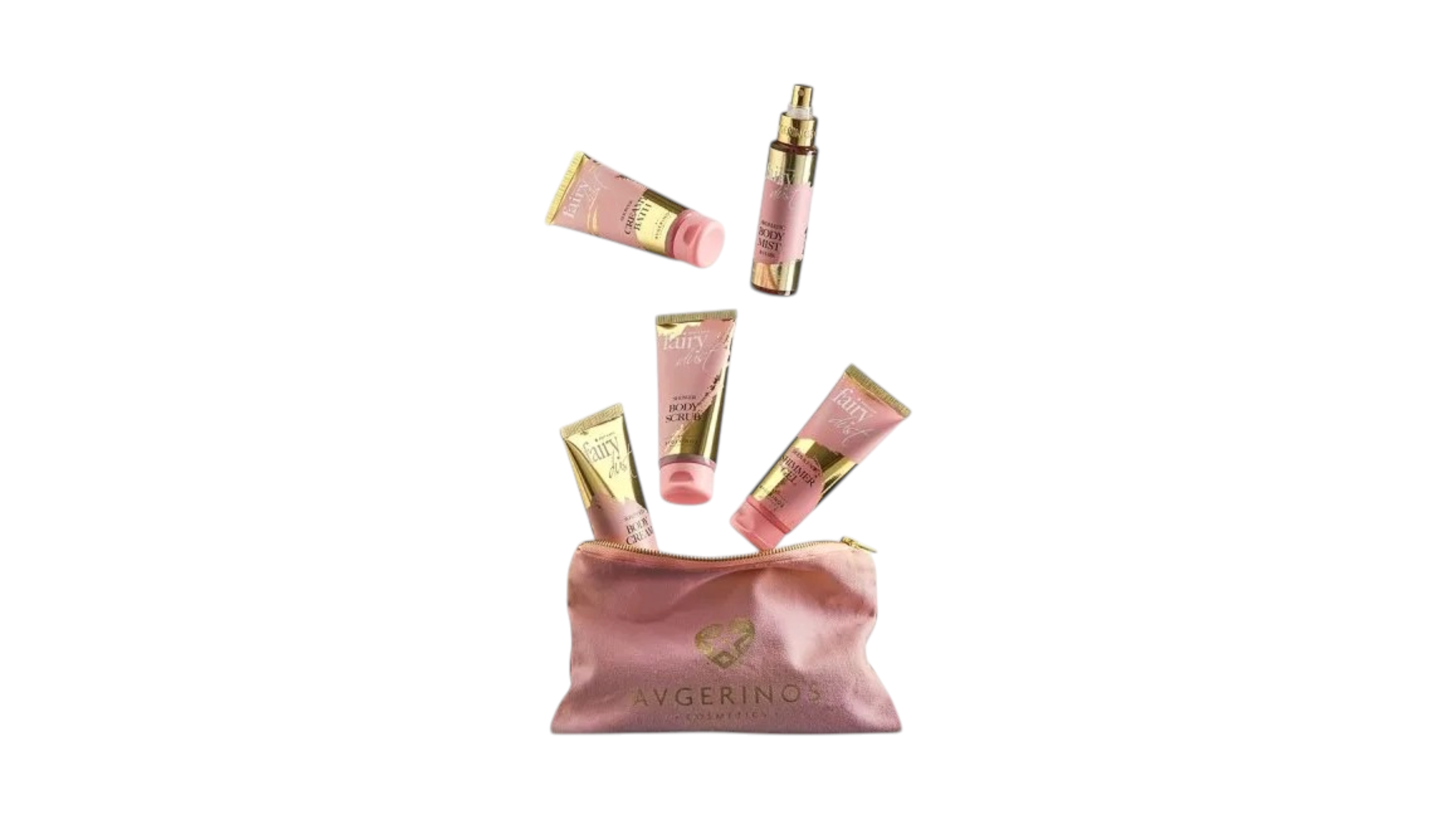 A pink cosmetic pouch with gold lettering reading 'AGVERINOS' sits on a white background, with several pink and gold cosmetic tubes and bottles floating above it.
A gift set of fairy dust collection . 