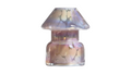 An iridescent glass insulator with a conical top and cylindrical base, featuring a shimmering purple, pink, and gold pattern on a white background. A beautiful mushroom shape jar with candle by Gzen . Lamp jar