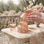 A person's hands holding a small peach and orange marbled lamp jar soy candle container over a larger matching mushroom jar on a marble table, with a pink glass and a floral bouquet in a garden setting in the background. Gzen zenith collection base in Limassol, Cyprus. Best gift for him or her. Cyprus shipping wordwild. 
