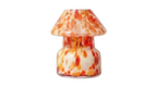 A mushroom-shaped glass candle holder with a white, orange, and red mottled pattern, isolated on a white background.Zenith Gzen candle on a lamp jar orange Color made in Cyprus. 