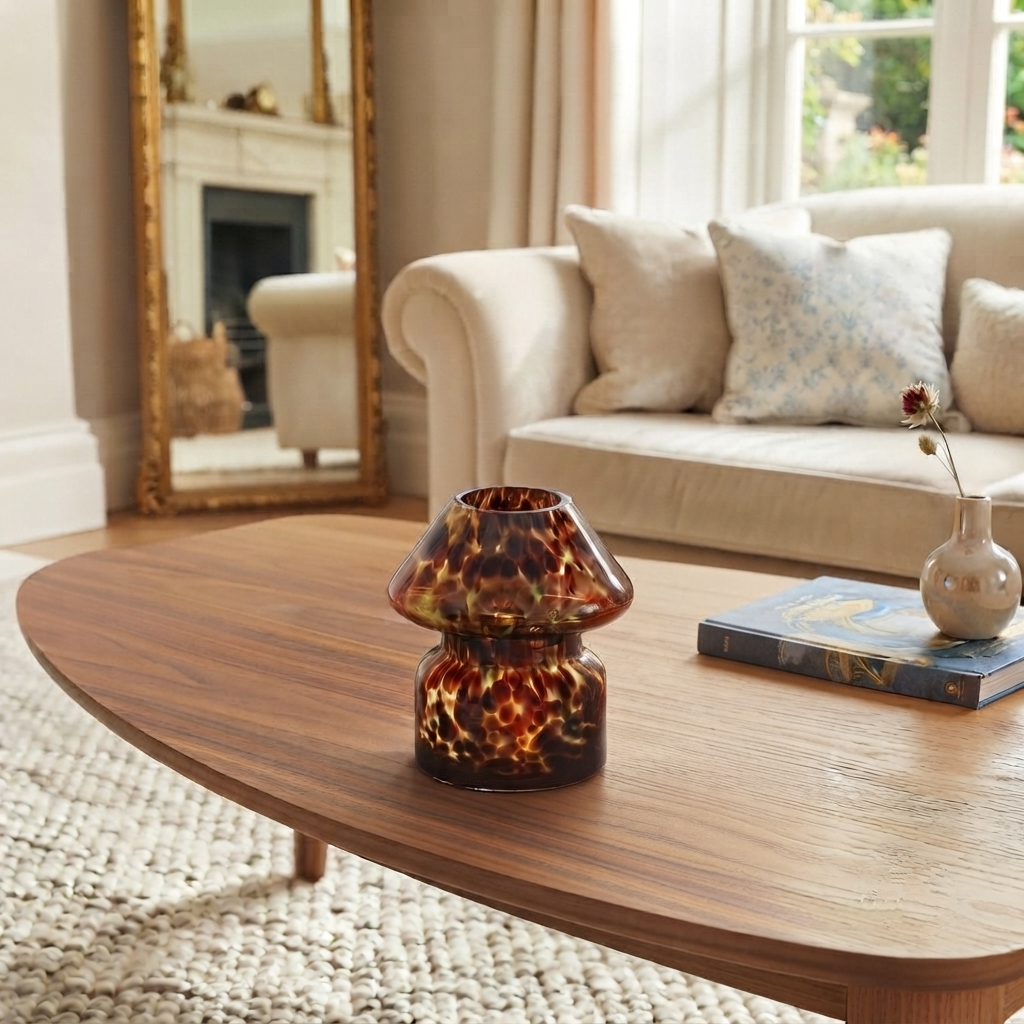 A small amber and brown marbled glass vase sits on a wooden coffee table in a bright, modern living room with a cream sofa, patterned pillows, and a large gold-framed Mushroom Jar