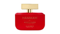 A red rectangular perfume bottle with a gold cap, labeled 'HAMMAM BY AVRERINOS COSMETICS' on a white background.