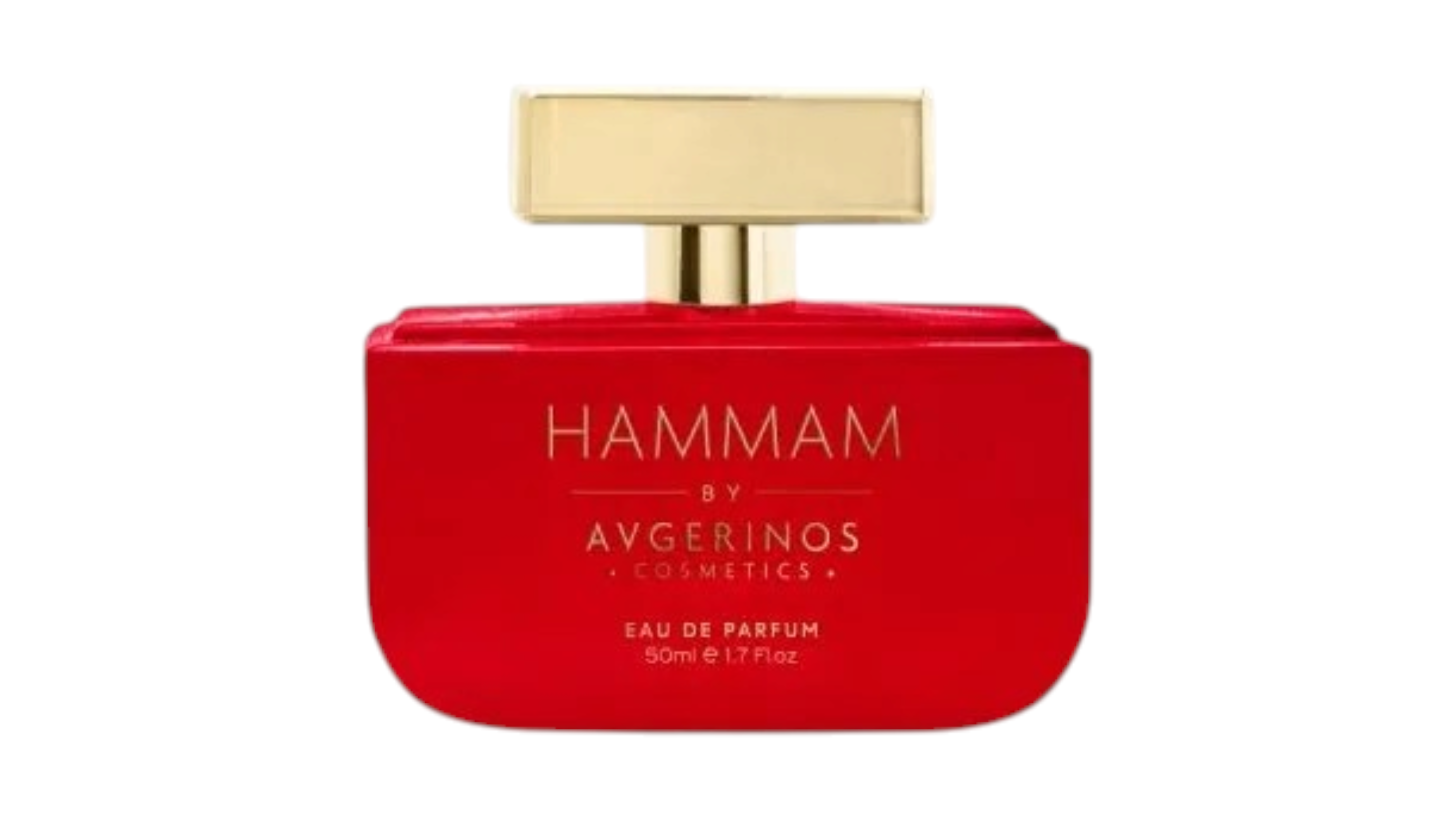 A red rectangular perfume bottle with a gold cap, labeled 'HAMMAM BY AVRERINOS COSMETICS' on a white background.