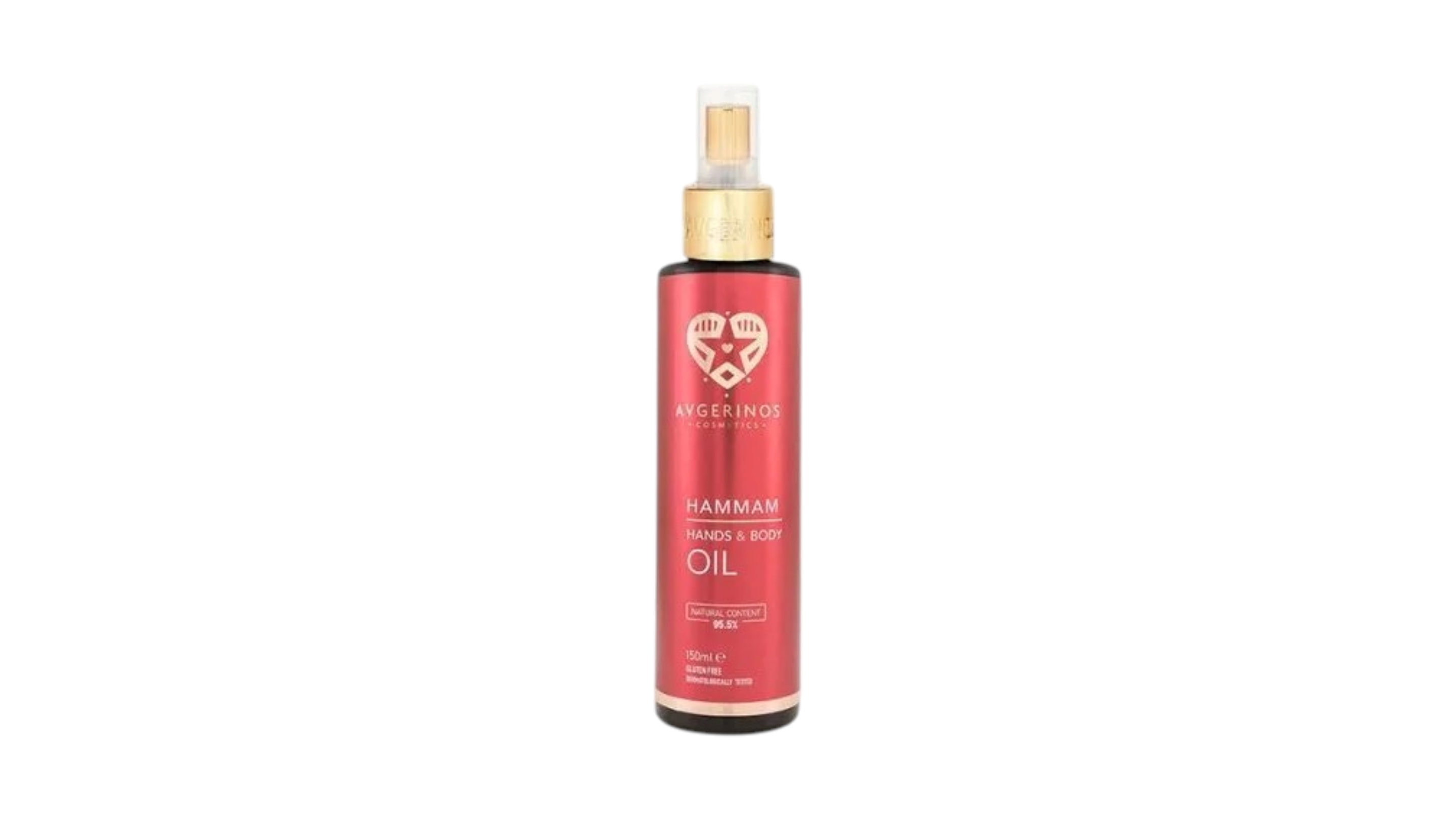 A red bottle of oil for hair and body by Avgerinos Cosmetics Hammam collection.