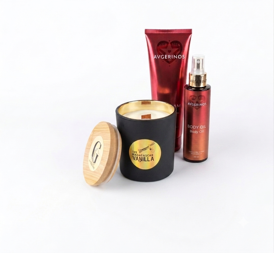 A set of three Hammam Avgerinos body and bath products arranged on a white background, including a black gzen scented soy candle with a bamboo lid and wood wick,a red body oil spray bottle hammam, a red lotion tube hammam for body and hands,base in Limassol, Cyprus. Gzen candles have avgerinos cosmetics gift bundles you can buy online and ship from Limassol to worldwide.