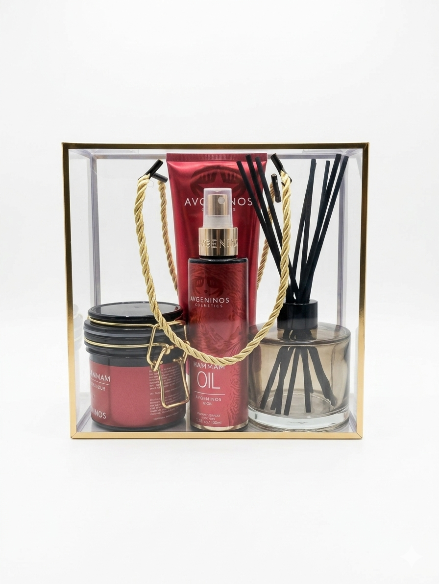 A curated gift set in a clear square box with a gold frame, containing Hammam Avgerinos Cosmetics products including a body oil spray ,a hand & body cream, a jar of body scrub hammam, and a reed diffuser of gzen Cyprus candles with black sticks, tied together with a gold rope handle. A luxury gift set from Limassol Cyprus. Buy online from Gzen candles.