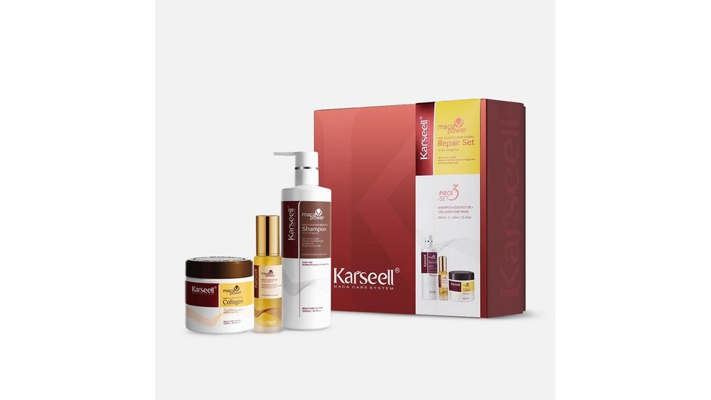 Karseell hair care gift set featuring a red and gold box alongside three individual products: a hair mask jar, a shampoo bottle, and a hair oil bottle, all on a light gray background.