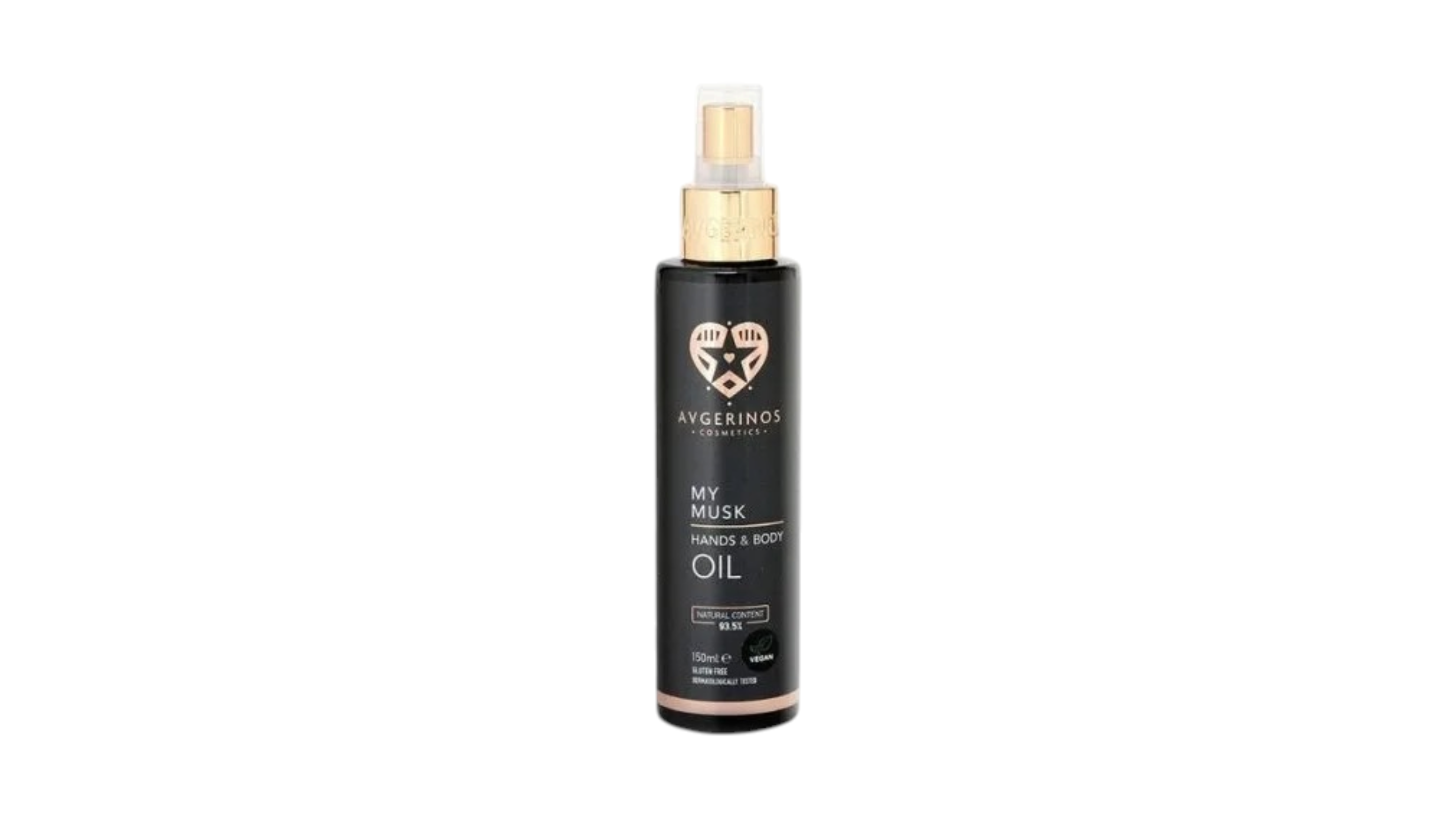 Bottle of body oil spray ,white musk fragrance with black cap on a white background. My musk avgerinos body oil. Λαδακι σώματος από τον αβγερινο μυρίζει φρεσκαδα . Το άρωμα είναι white musk και ονομάζεται my musk 