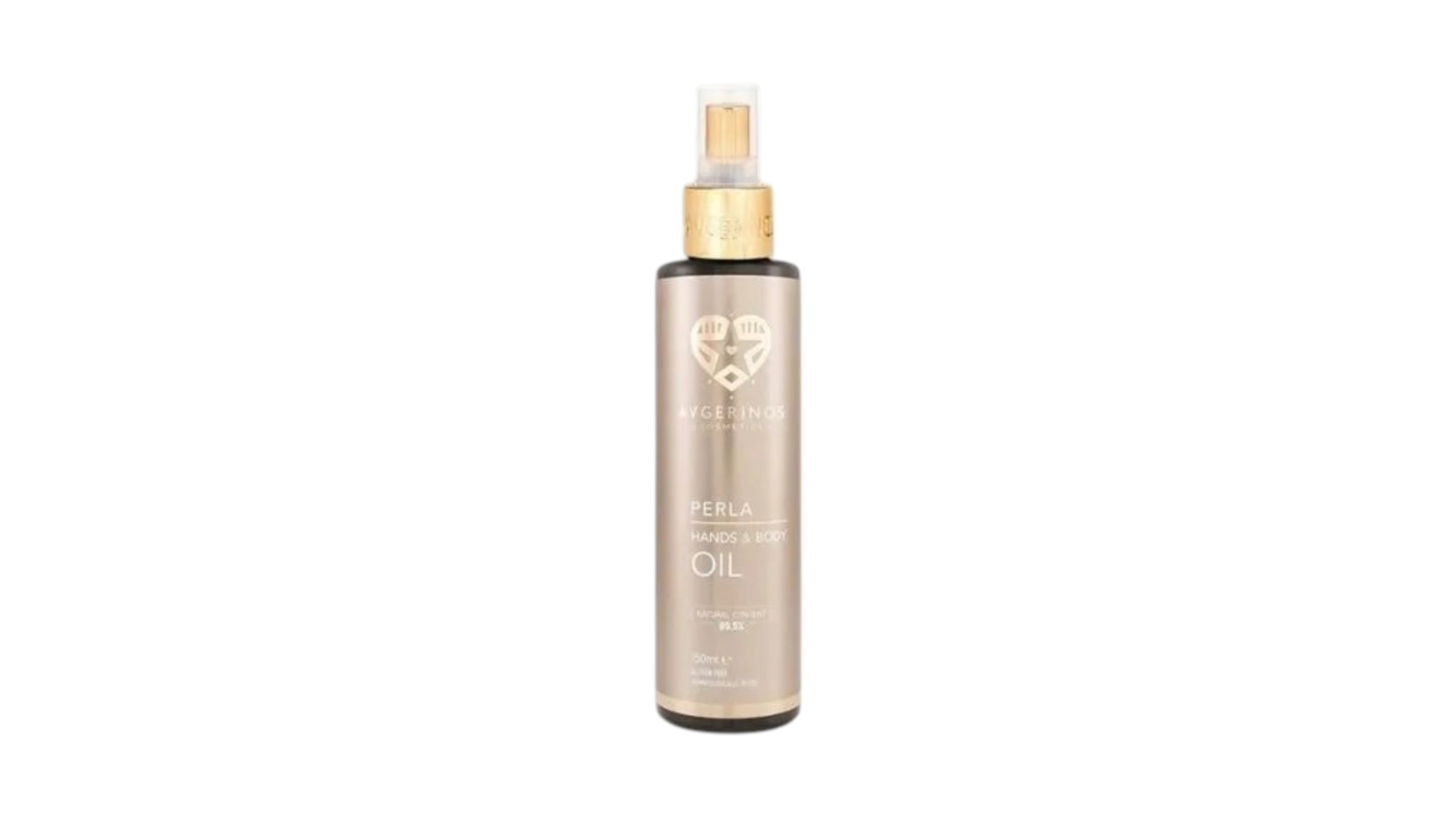 A bottle of Perla Shine & Spray Oil by Avgerinos Cosmetics, featuring a metallic gold pump and a frosted glass bottle with a warm beige tint, set against a plain white background. A gift for her from Gzen candles .