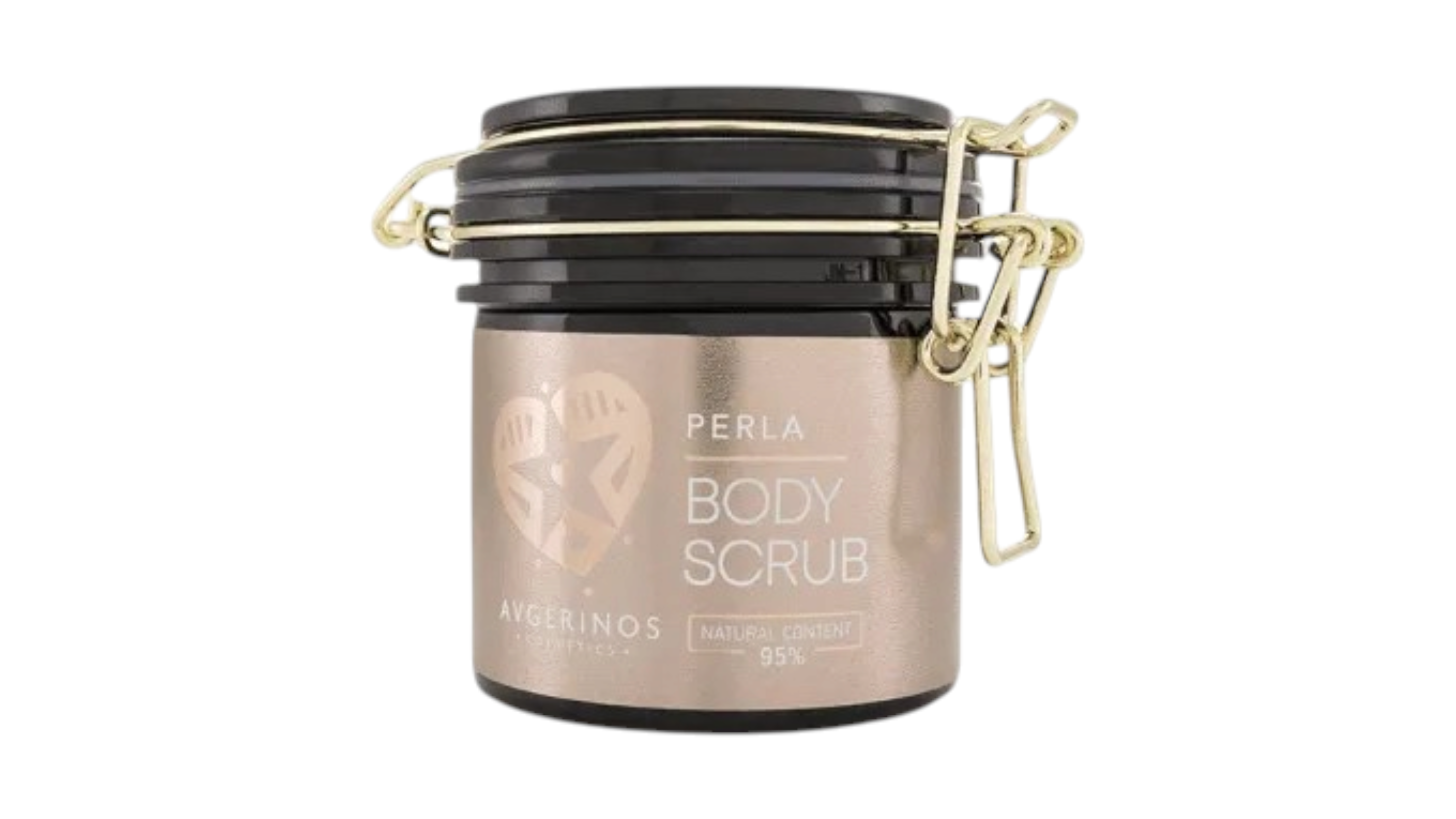 A jar of Avgerinos Perla Body Scrub with a metallic rose gold label, black lid, and gold-tone clamp closure, shown on a plain white background. Online shopping from gzencandles