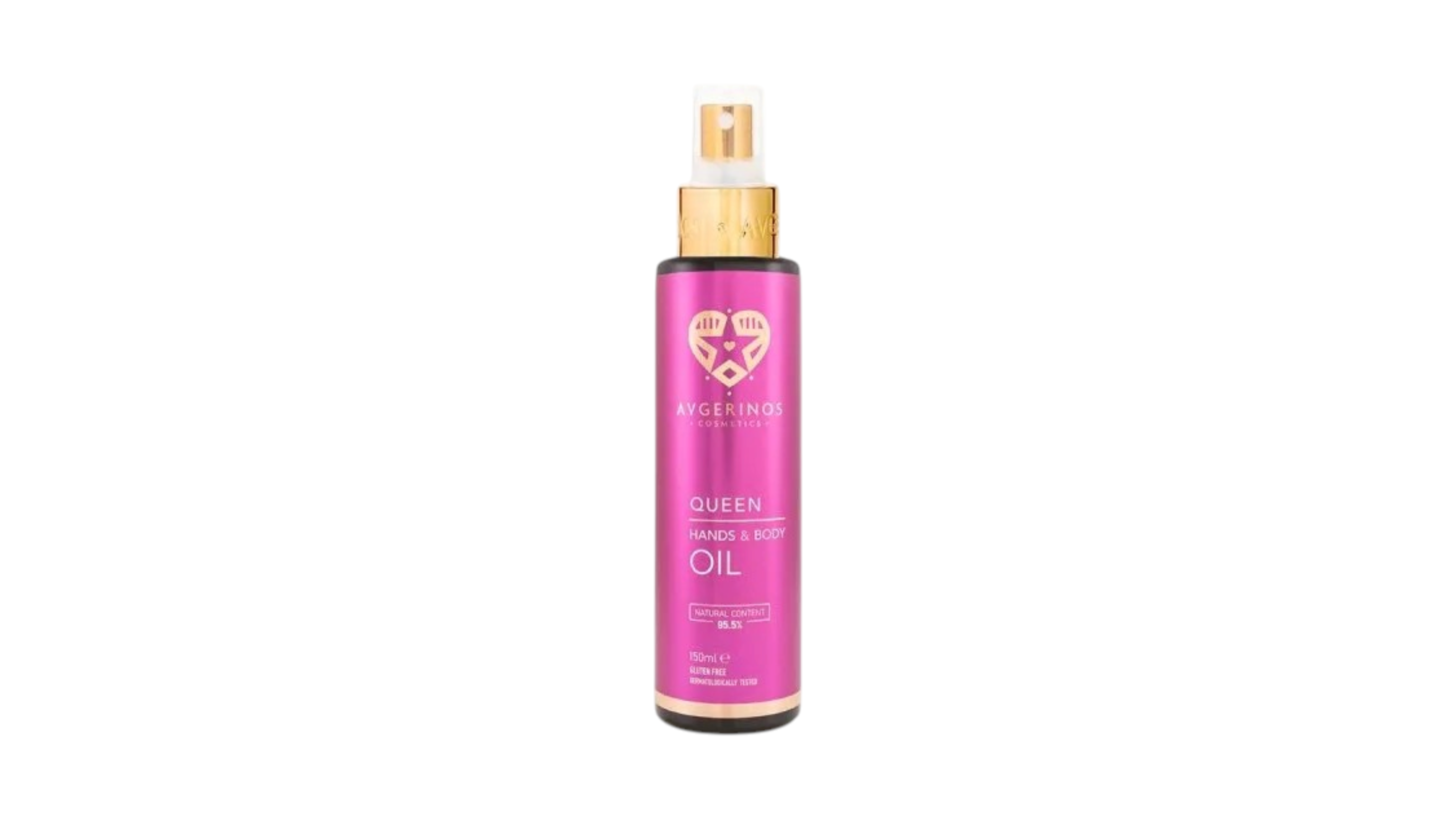 A bottle of Avgerinos Queen Shine & Body Oil on a solid white background. The bottle is a vibrant magenta pink with a metallic gold pump dispenser and a gold-accented cap. Gzen candles sell avgecosmetics ,pick a candle or reed diffuser and make the perfect gift for you or a friend 