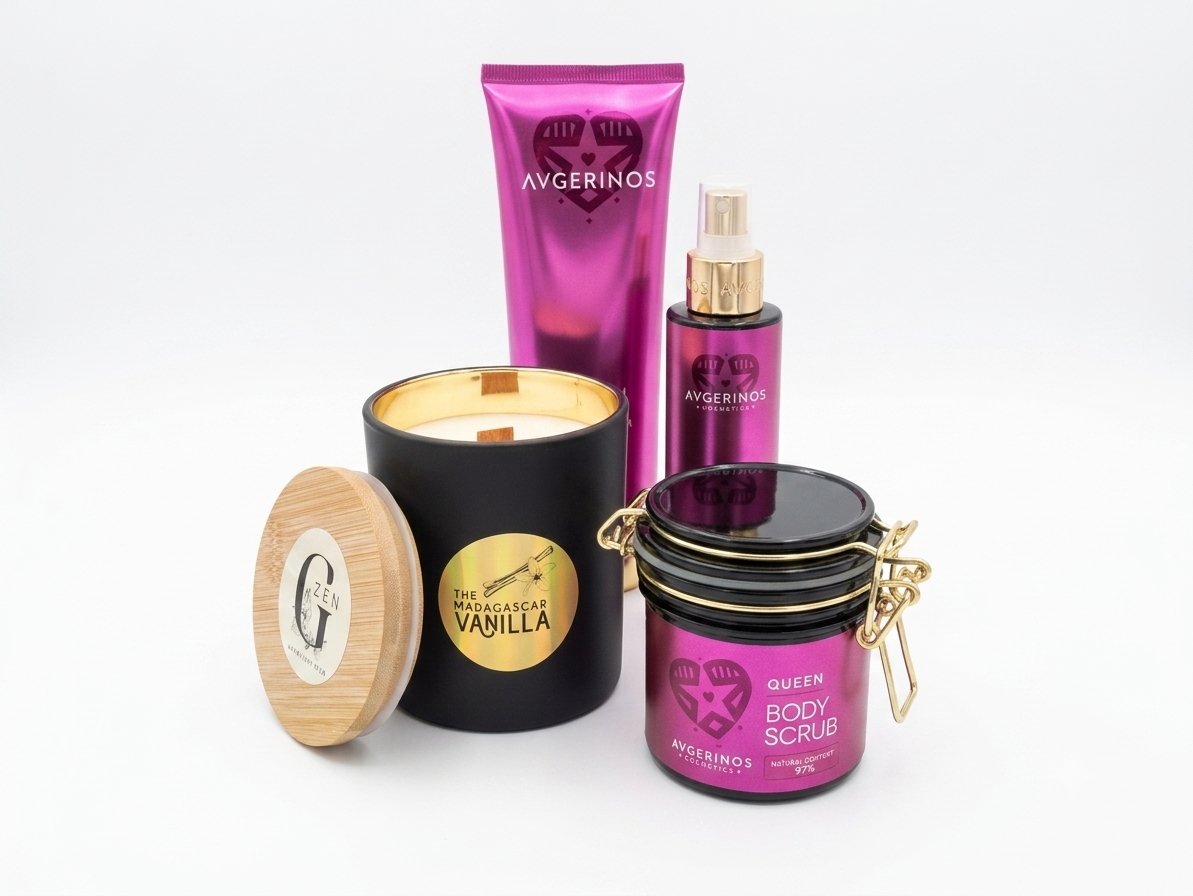 Four Avgerinos Cosmetics bath and body products arranged on a white studio background: a black gzen scented soy candle with a light wood lid and wood wick, a pink body scrub jar queen, a pink body oil spray bottle queen avgerinos, and a pink lotion tube queen for body and hand cream. Perfect gift set from Gzen candles, base in Limassol Cyprus ship worldwide. Buy online gift set from www.gzencandles.com
