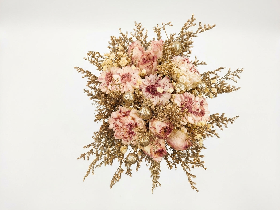 A dried floral bouquet featuring dusty pink peonies, cream carnations, and textured gold filler stems, arranged in a round bouquet against a solid white background.