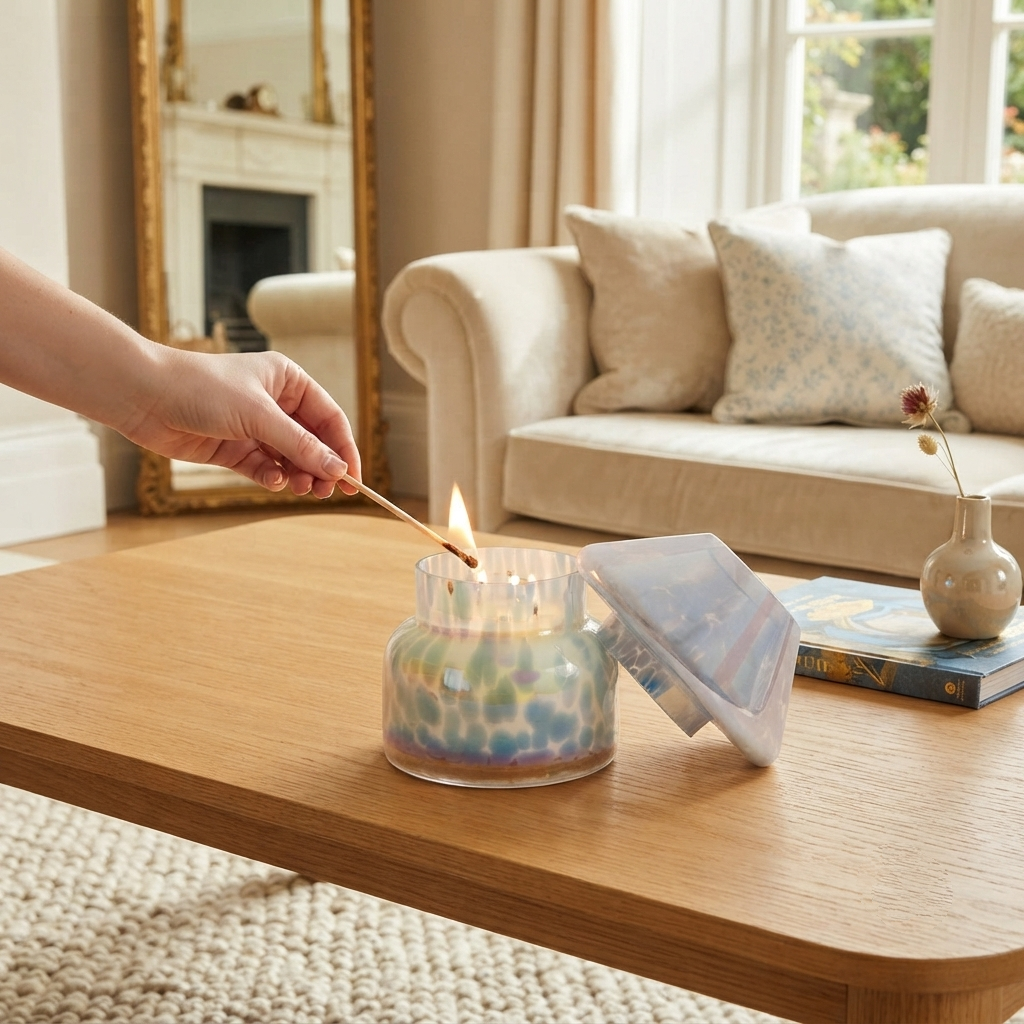 A hand lights a candle in a glass jar with a translucent lid, placed on a wooden coffee table in a bright living room with a sofa and fireplace in the background. Lamp Jar Blue Vessel Mushroom Jar candle soy scented 