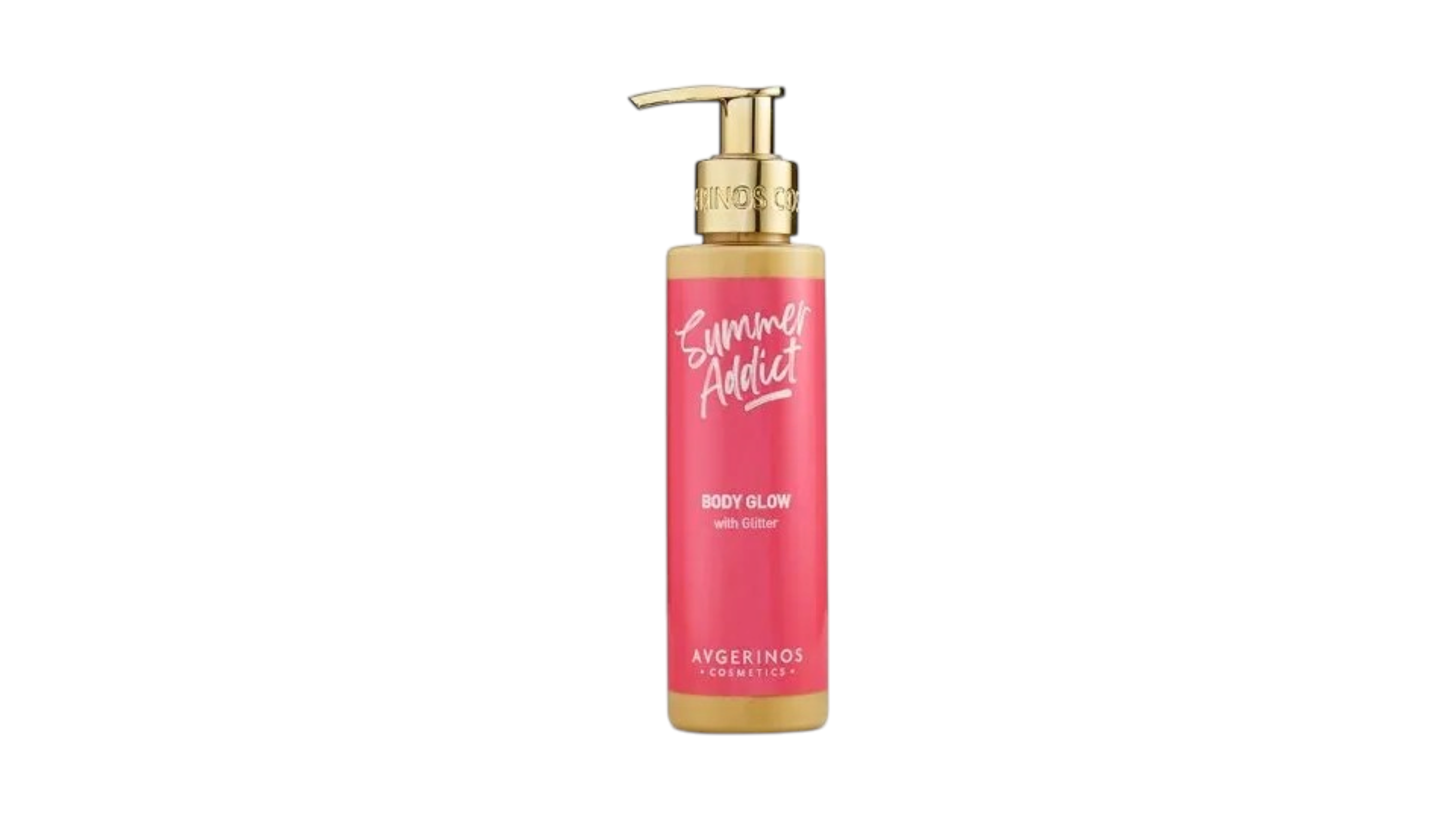 A bottle of Avgerinos Cosmetics Summer Addict Body Glow liquid lotion with glitters ,a pink label and gold pump dispenser, shown on a plain white background.