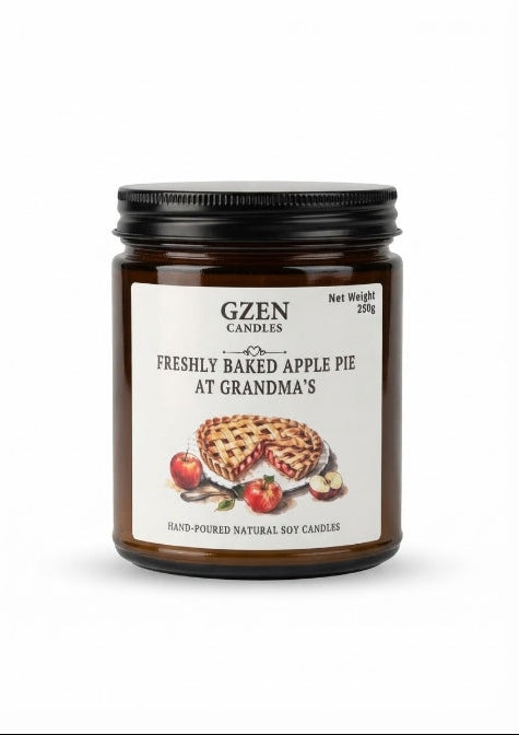 A single jar of Gzen Candle 'Freshly Baked Apple Pie at Grandma's' scented soy candle on a clean white background. Hand made in Cyprus, Limassol