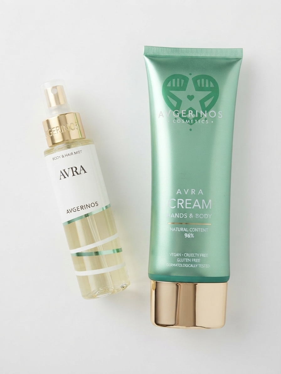 a ottle of avgerinos cosmetics body mist avra and a body cream avra 
