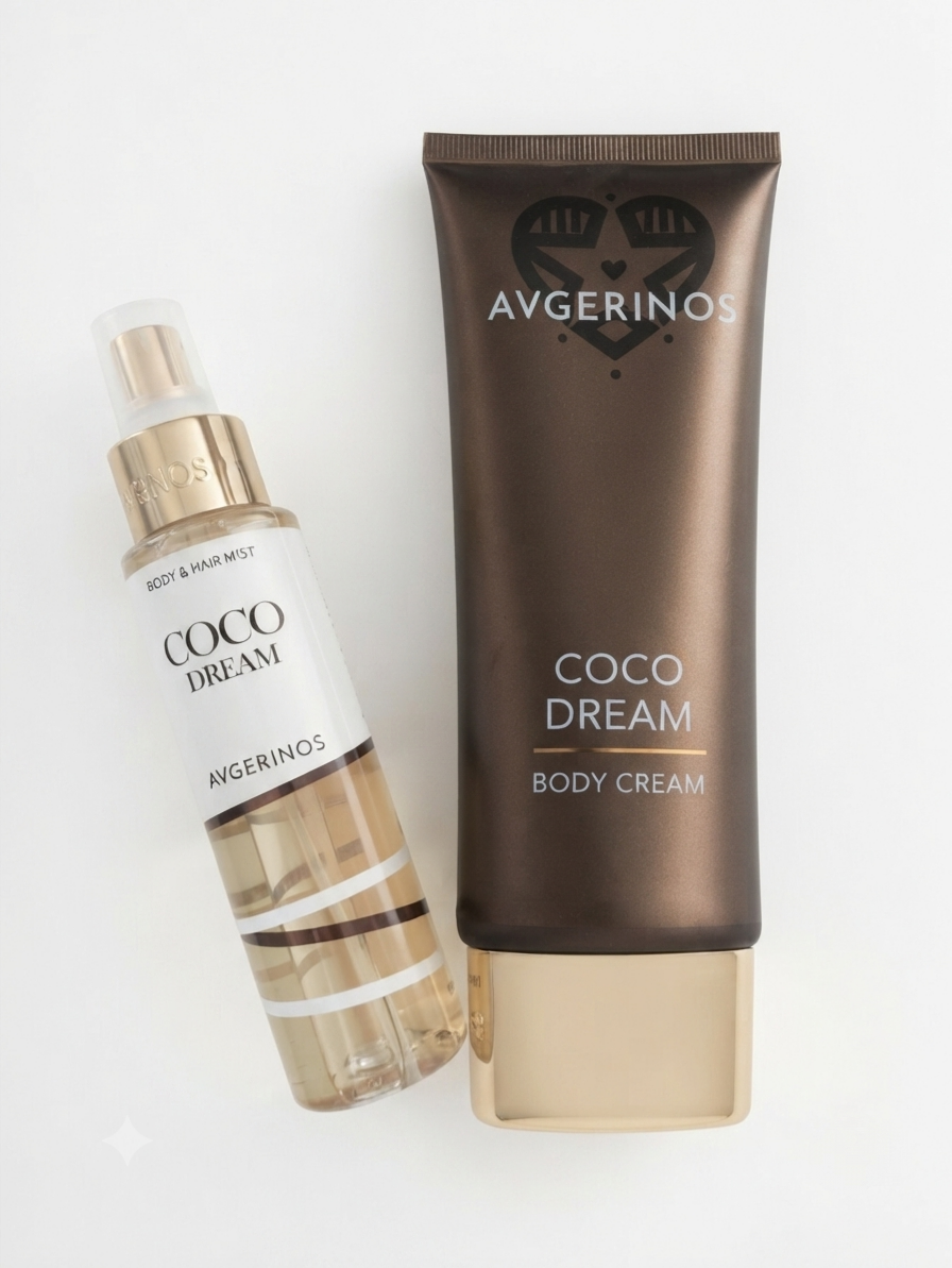 A bottle of Avgerinos Coco Dream Body & Hair Mist next to a tube of Avgerinos Coco Dream Body Cream, both in the 'Coco Dream' scent, arranged on a clean white background.