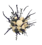 A circular floral candle gift box arrangement featuring cream-colored roses, deep purple lavender sprigs, and green eucalyptus foliage, isolated on a solid white background.