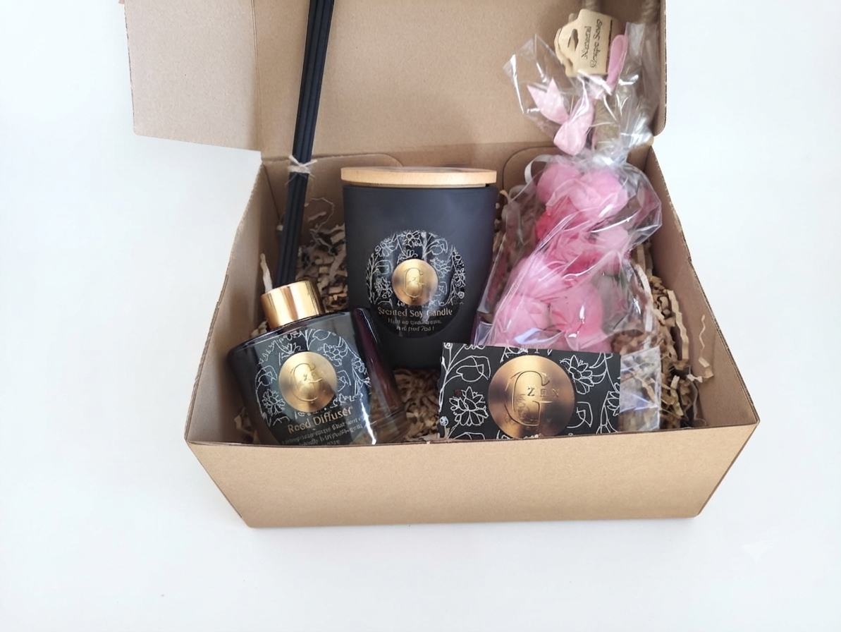 A curated gift set in an open kraft cardboard box, featuring a black reed diffuser bottle with a gold cap, a black candle tin with a gold lid, a pink wrapped plush toy, and a small packaged item with a gold medallion, all arranged on shredded paper.
