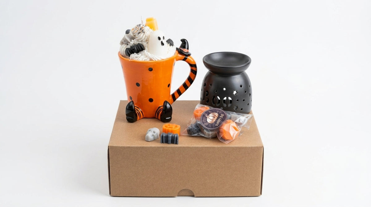 A Halloween-themed hot chocolate mug gift set displayed on a brown cardboard box against a white background. The set includes an orange mug with a tiger-striped handle and feet, a black wax warmer, small orange and black chocolate pieces, and a ghost decoration.