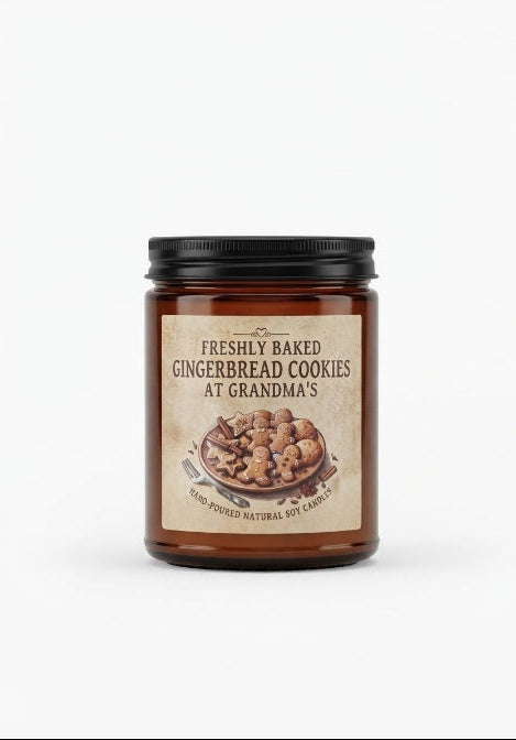 A glass jar candle with a black lid and a vintage-style label reading 'Freshly Baked Gingerbread Cookies at Grandma's,' shown on a clean white background. Christmas soy candle , Limassol, Cyprus