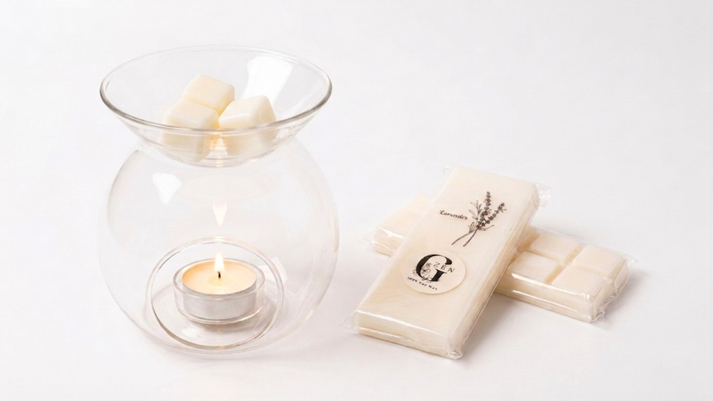A clear wax warmer glass and scented wax melt with a lit tealight candle inside, shown beside several cream-colored wax melts bars in clear packaging on a white background. Hand pured in Cypus with eco-friendly and hypoallergenic fragrance