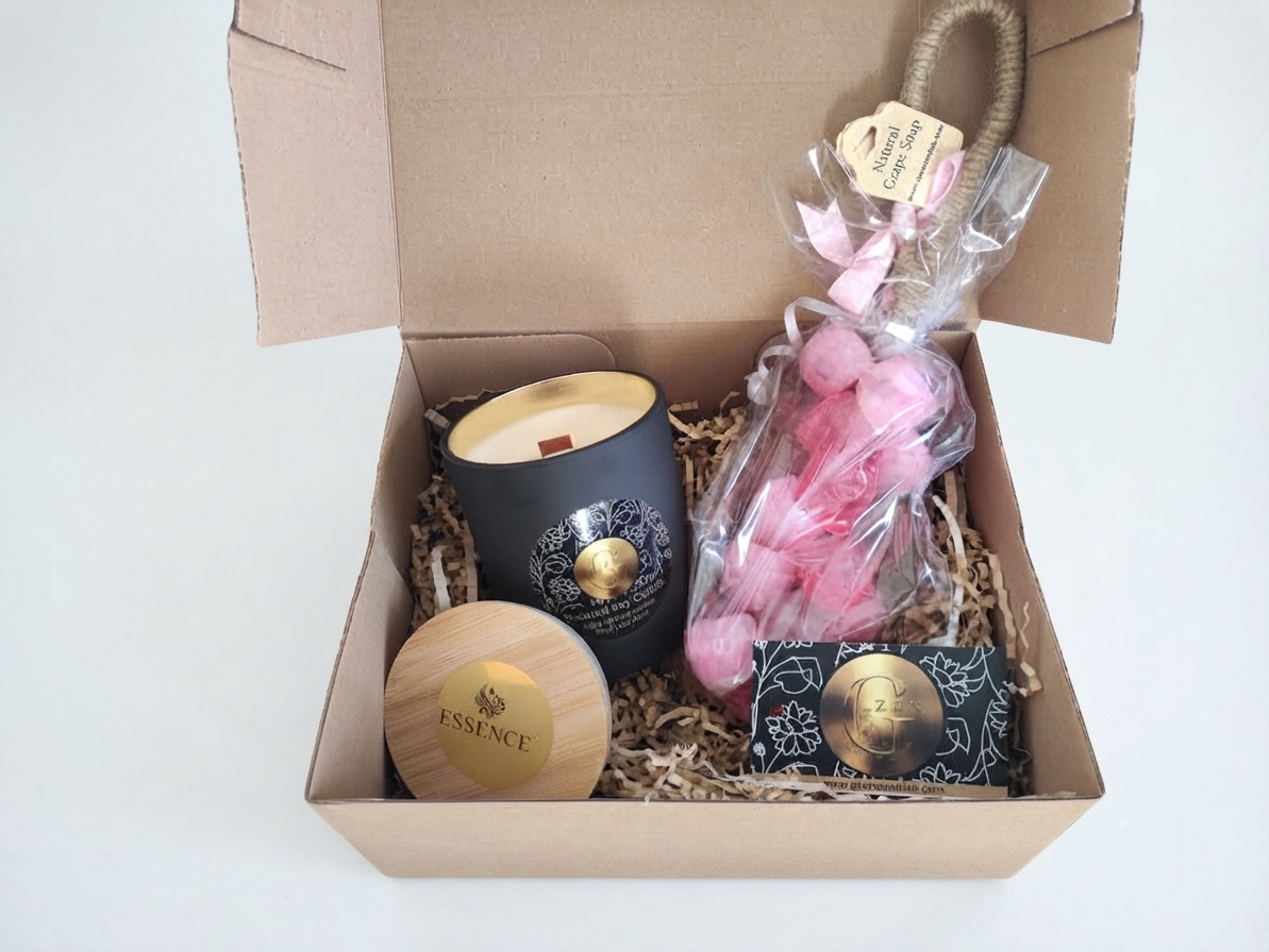 An open kraft cardboard gift box containing a black candle jar with a gold label, a round wooden lid with a gold ENSCUL brand logo, a clear bag of pink bath bombs with a beige rope handle, and a small black decorative card with a gold logo, all arranged on shredded paper filler against a white background.